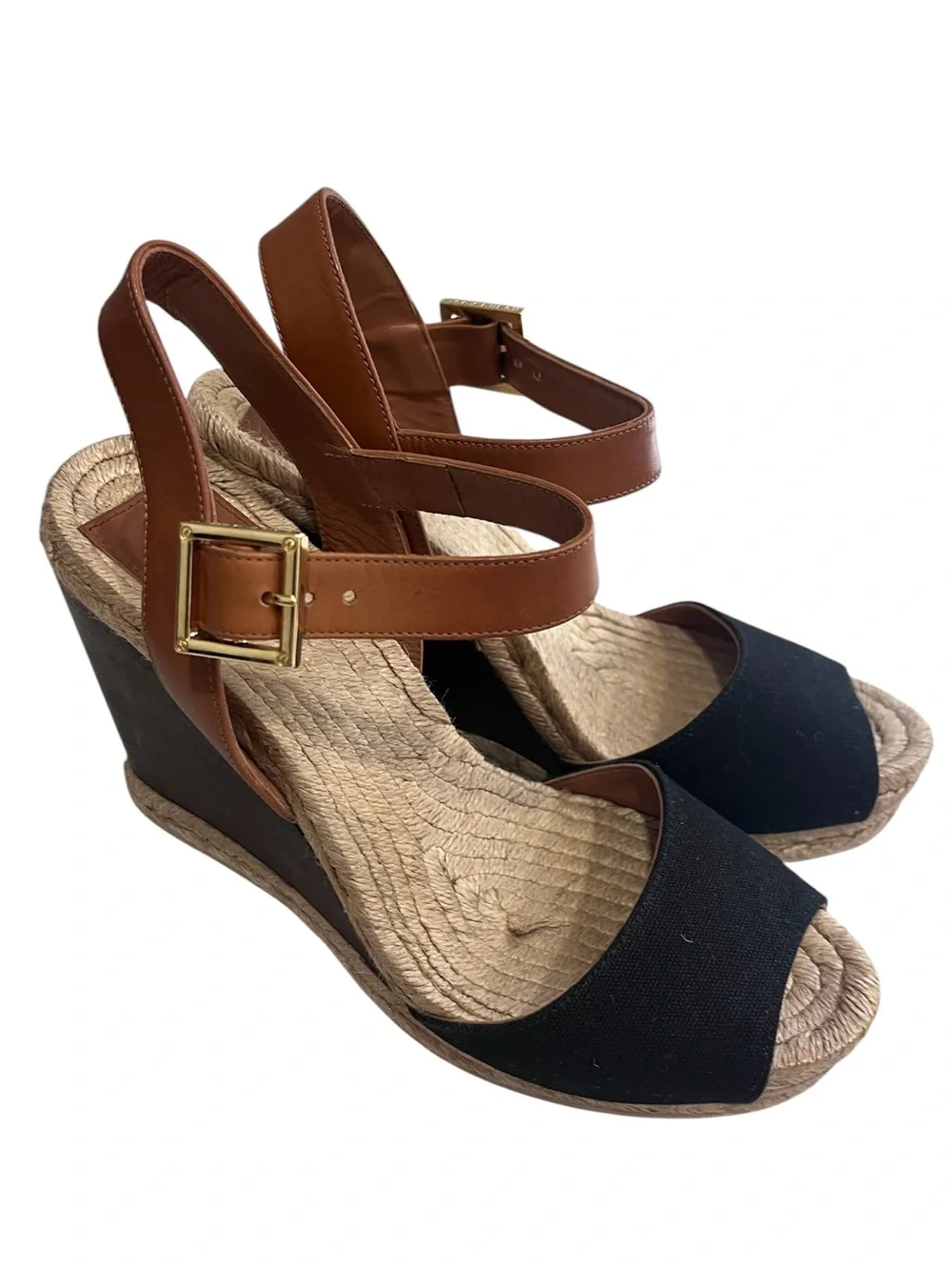 Tory Burch Bima Black Canvas dark brown Wedge Sandals Size 8